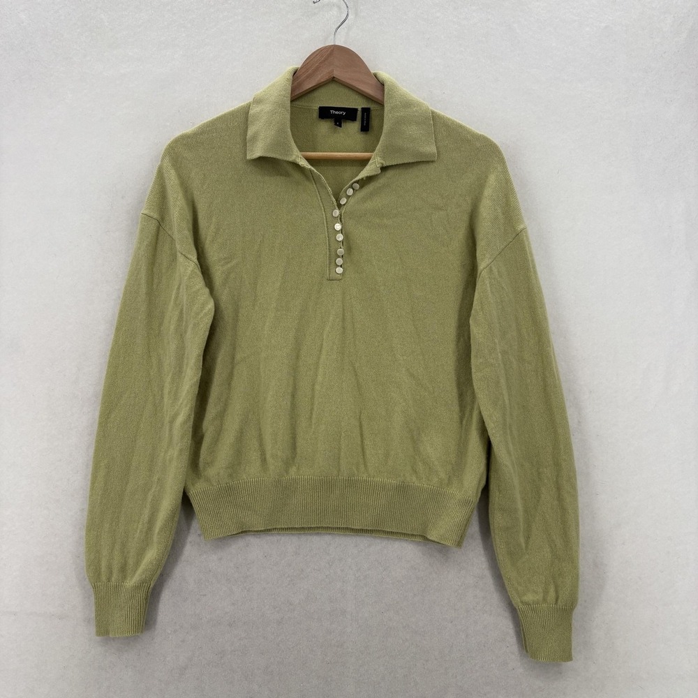 Theory Sweater Womens Small Green 100% Cashmere Button Placket Polo Long Sleeve